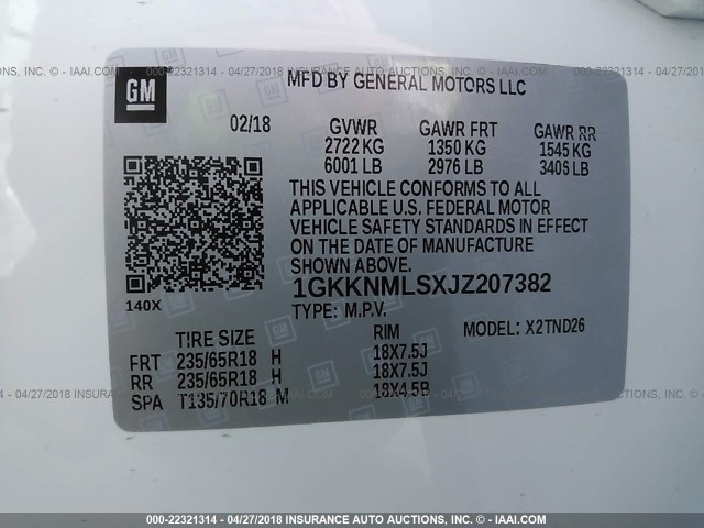 1GKKNMLSXJZ207382 - 2018 GMC ACADIA SLT-1 Biały zdjęcie 9