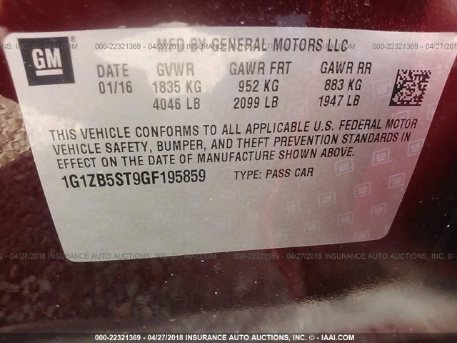 1G1ZB5ST9GF195859 - 2016 CHEVROLET MALIBU LS მუქწითელი ფოტო 9