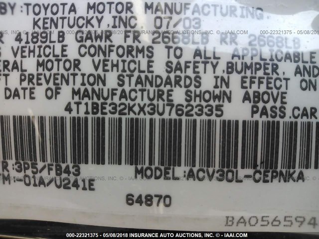4T1BE32KX3U762335 - 2003 TOYOTA CAMRY LE/XLE/SE იასამნისფერი ფოტო 9