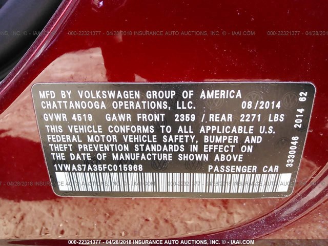 1VWAS7A35FC015968 - 2015 VOLKSWAGEN PASSAT S RED photo 9