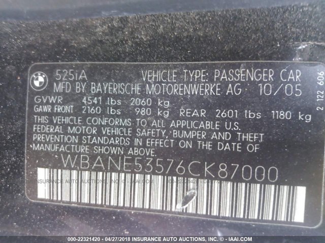 WBANE53576CK87000 - 2006 BMW 525 I BLACK photo 9