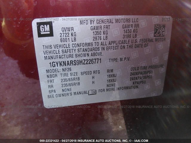 1GYKNARS9HZ226771 - 2017 CADILLAC XT5 RED photo 9