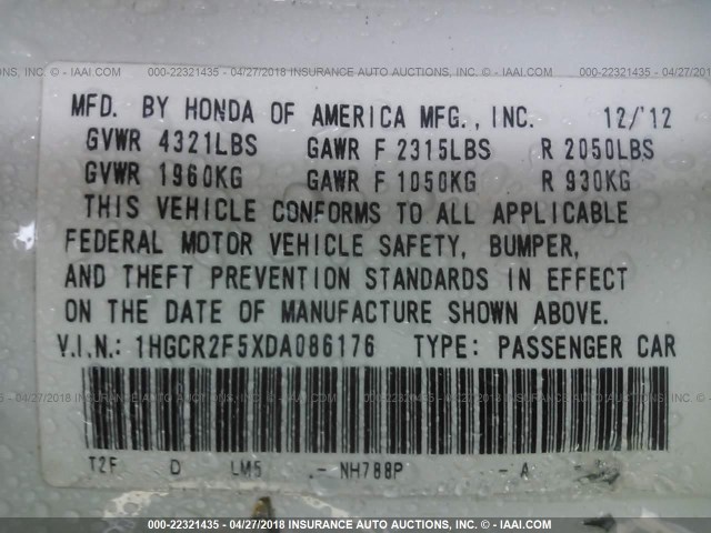 1HGCR2F5XDA086176 - 2013 HONDA ACCORD SPORT Ақ фото 9