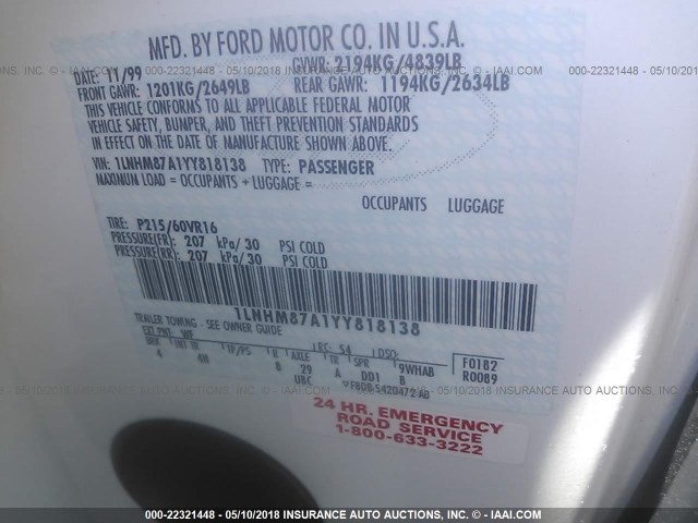 1LNHM87A1YY818138 - 2000 LINCOLN LS 白色 照片 9