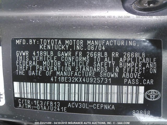 4T1BE32KX4U925731 - 2004 TOYOTA CAMRY LE/XLE/SE GRAY photo 9