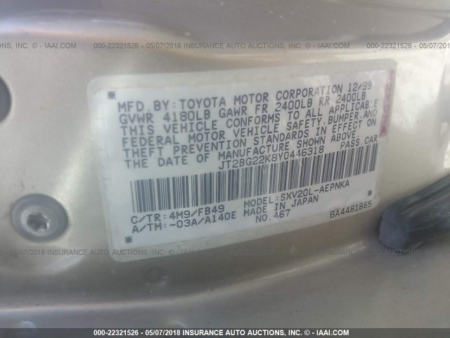 JT2BG22K8Y0446318 - 2000 TOYOTA CAMRY CE/LE/XLE 金色 照片 9