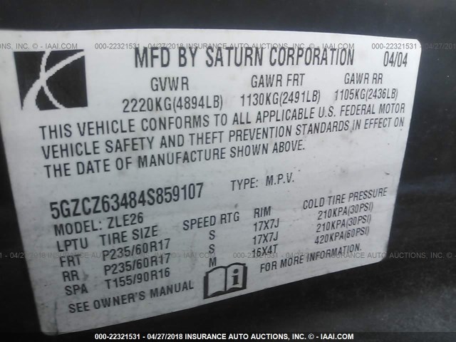 5GZCZ63484S859107 - 2004 SATURN VUE SILVER photo 9