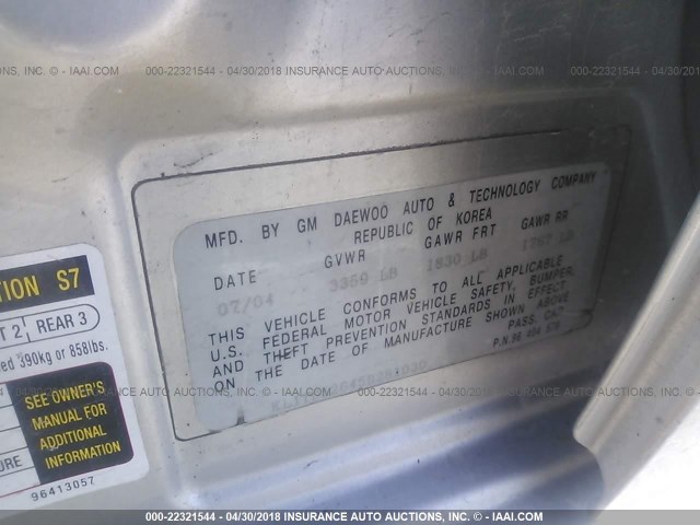 KL1TD52645B281030 - 2005 CHEVROLET AVEO LS SILVER photo 9