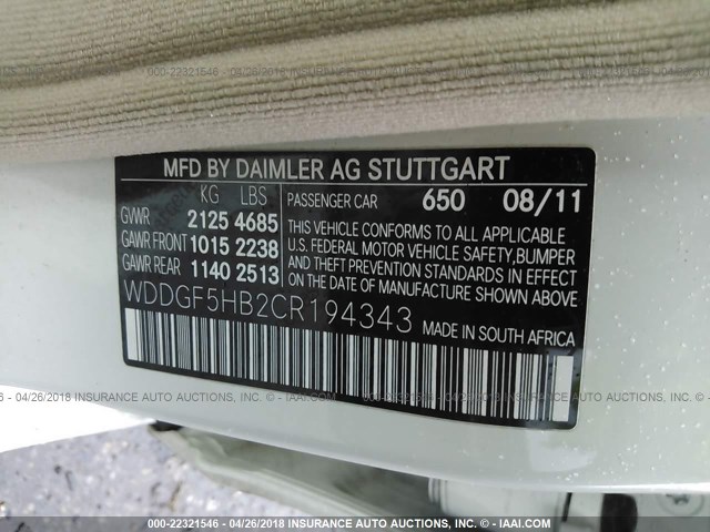 WDDGF5HB2CR194343 - 2012 MERCEDES-BENZ C 350 WHITE photo 9