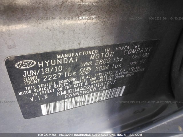 KMHDU4AD2AU131953 - 2010 HYUNDAI ELANTRA BLUE/GLS/SE GRAY photo 9