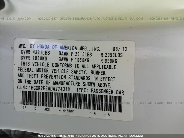 1HGCR2F58DA274310 - 2013 HONDA ACCORD SPORT 白色 照片 9
