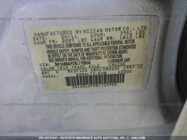 3N1AB6AP2BL710958 - 2011 NISSAN SENTRA 2.0/2.0S/SR/2.0SL WHITE photo 9