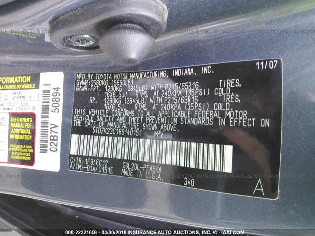 5TDZK23C18S140151 - 2008 TOYOTA SIENNA CE/LE GRAY photo 9