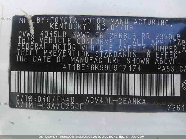 4T1BE46K99U917174 - 2009 TOYOTA CAMRY SE/LE/XLE WHITE photo 9