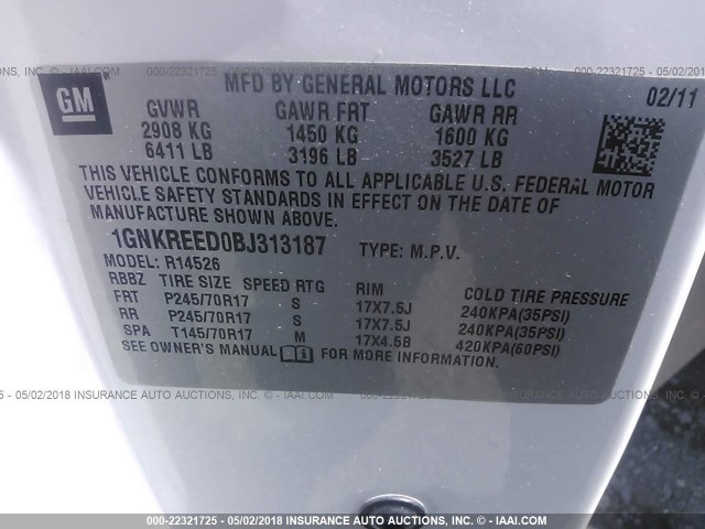 1GNKREED0BJ313187 - 2011 CHEVROLET TRAVERSE LS WHITE photo 9