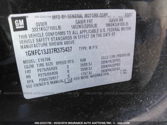 1GNFC13J37R375437 - 2007 CHEVROLET TAHOE C1500 BLACK photo 9