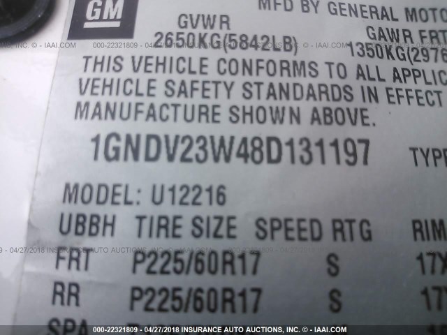 1GNDV23W48D131197 - 2008 CHEVROLET UPLANDER LS WHITE photo 9