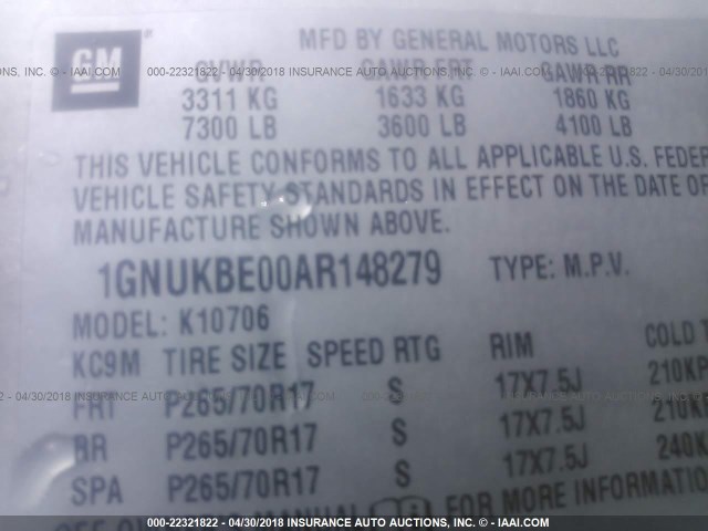 1GNUKBE00AR148279 - 2010 CHEVROLET TAHOE K1500 LT SILVER photo 9