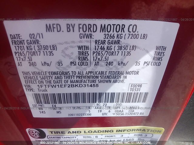 1FTFW1EF2BKD31455 - 2011 FORD F150 SUPERCREW RED photo 9