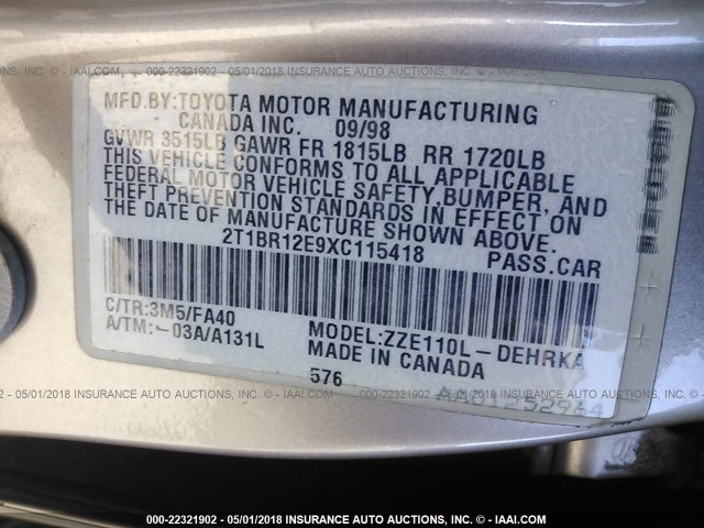 2T1BR12E9XC115418 - 1999 TOYOTA COROLLA VE/CE/LE 金色 照片 9