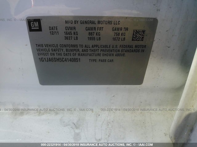 1G1JA6SH5C4140851 - 2012 CHEVROLET SONIC LS თეთრი ფოტო 9