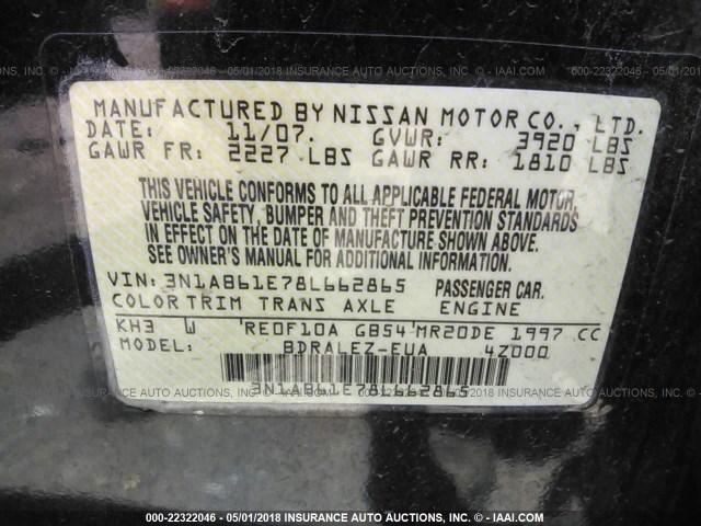 3N1AB61E78L662865 - 2008 NISSAN SENTRA 2.0/2.0S/2.0SL BLACK photo 9