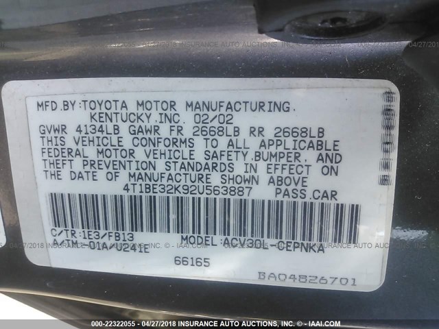 4T1BE32K92U563887 - 2002 TOYOTA CAMRY LE/XLE/SE Boz foto 9