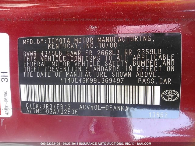 4T1BE46K99U369497 - 2009 TOYOTA CAMRY SE/LE/XLE RED photo 9