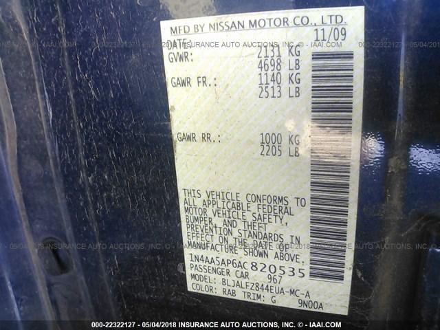 1N4AA5AP6AC820535 - 2010 NISSAN MAXIMA S/SV BLUE photo 9