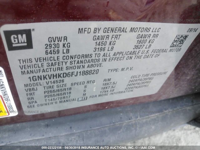 1GNKVHKD6FJ188820 - 2015 CHEVROLET TRAVERSE LT MAROON photo 9