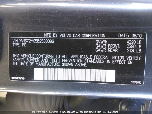 YV1672MS5B2533086 - 2011 VOLVO S40 T5 GRAY photo 9