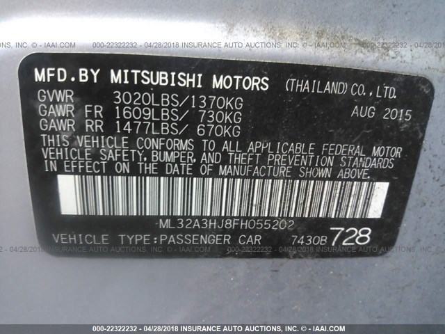 ML32A3HJ8FH055202 - 2015 MITSUBISHI MIRAGE DE Light Blue photo 9