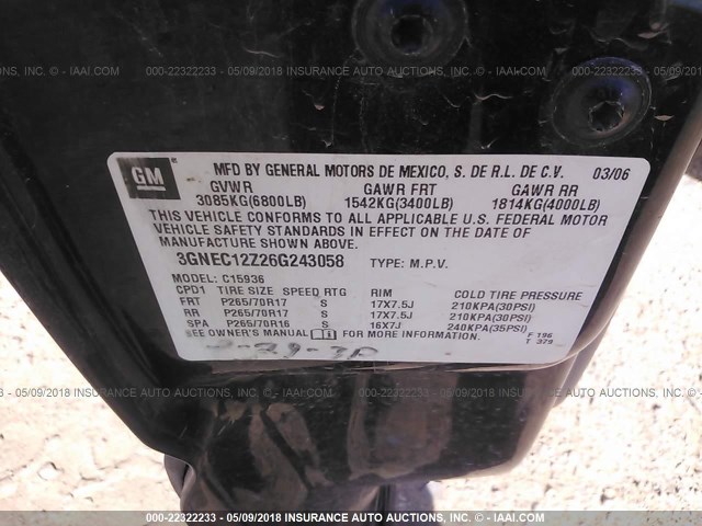 3GNEC12Z26G243058 - 2006 CHEVROLET AVALANCHE C1500 BLACK photo 9