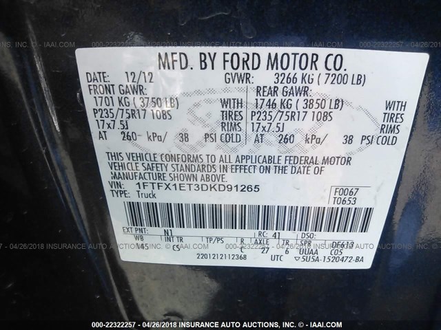 1FTFX1ET3DKD91265 - 2013 FORD F150 SUPER CAB BLUE photo 9