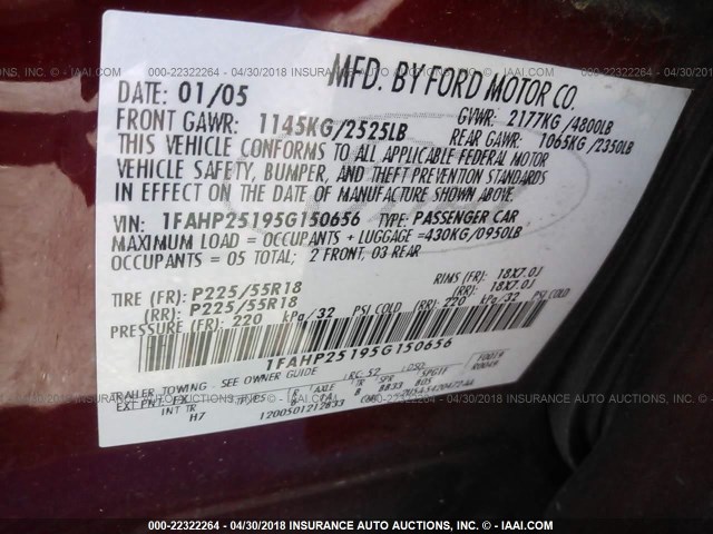 1FAHP25195G150656 - 2005 FORD FIVE HUNDRED LIMITED RED photo 9