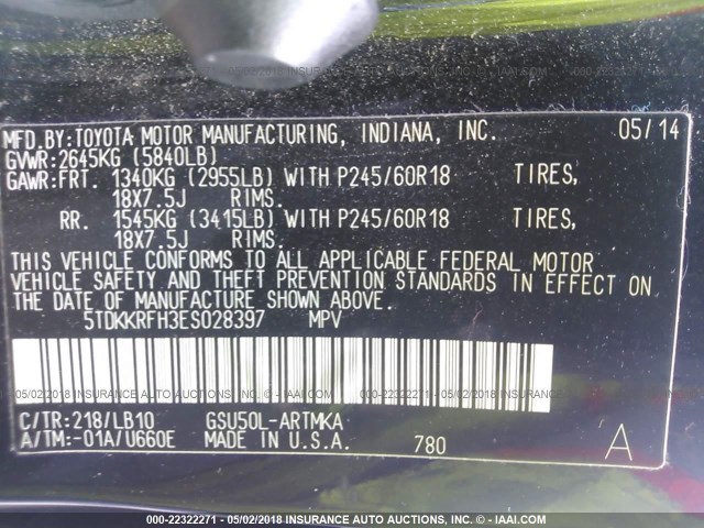 5TDKKRFH3ES028397 - 2014 TOYOTA HIGHLANDER XLE შავი ფოტო 9