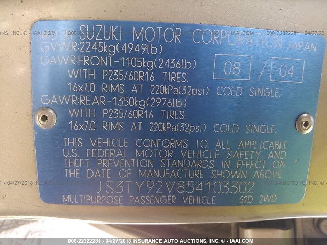 JS3TY92V854103302 - 2005 SUZUKI XL7 EX/LX GOLD photo 9