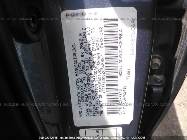 4T1BE32K62U548697 - 2002 TOYOTA CAMRY LE/XLE/SE ლურჯი ფოტო 9