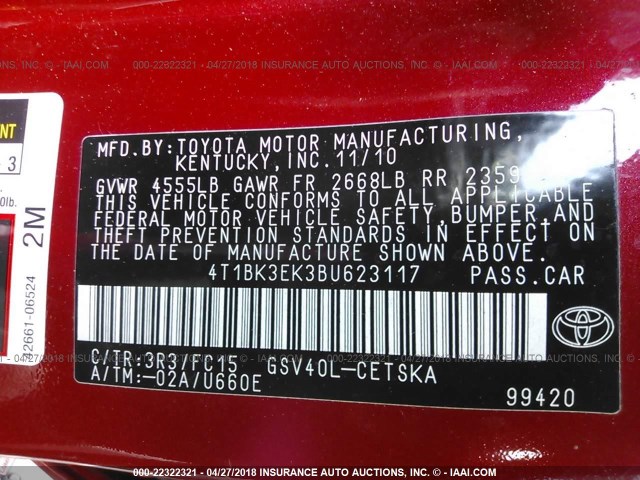 4T1BK3EK3BU623117 - 2011 TOYOTA CAMRY SE/LE/XLE წითელი ფოტო 9