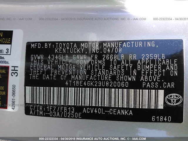 4T1BE46K29U820060 - 2009 TOYOTA CAMRY SE/LE/XLE SILVER photo 9