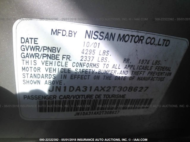 JN1DA31AX2T308627 - 2002 NISSAN MAXIMA GLE/SE Champagne photo 9