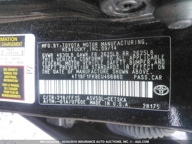 4T1BF1FK8EU466860 - 2014 TOYOTA CAMRY L/SE/LE/XLE შავი ფოტო 9