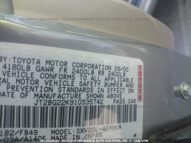 JT2BG22K910535742 - 2001 TOYOTA CAMRY CE/LE/XLE 灰色 照片 9