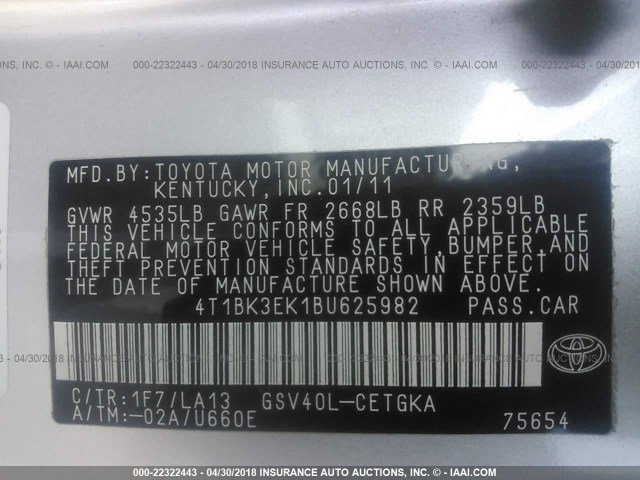 4T1BK3EK1BU625982 - 2011 TOYOTA CAMRY SE/LE/XLE SILVER photo 9
