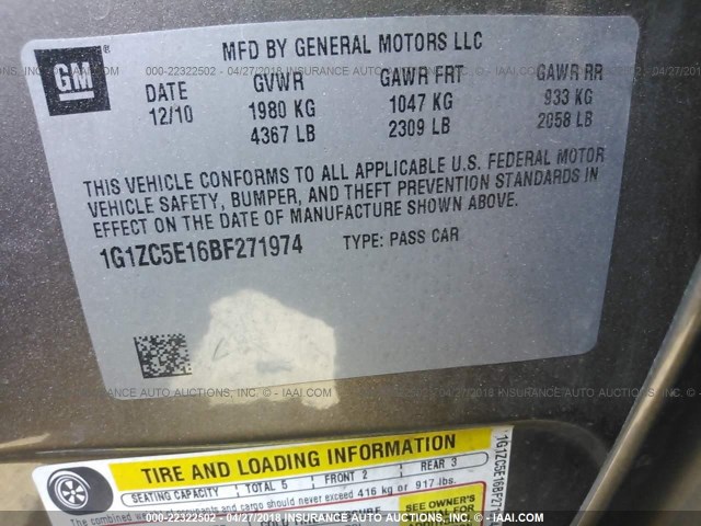 1G1ZC5E16BF271974 - 2011 CHEVROLET MALIBU 1LT ფერფლისფერი ფოტო 9