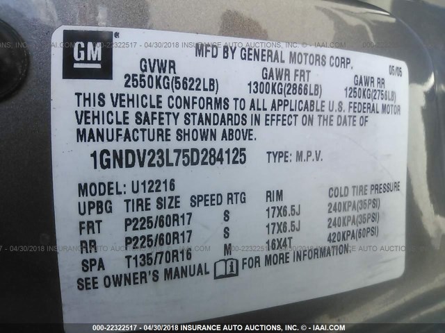 1GNDV23L75D284125 - 2005 CHEVROLET UPLANDER LS TAN photo 9