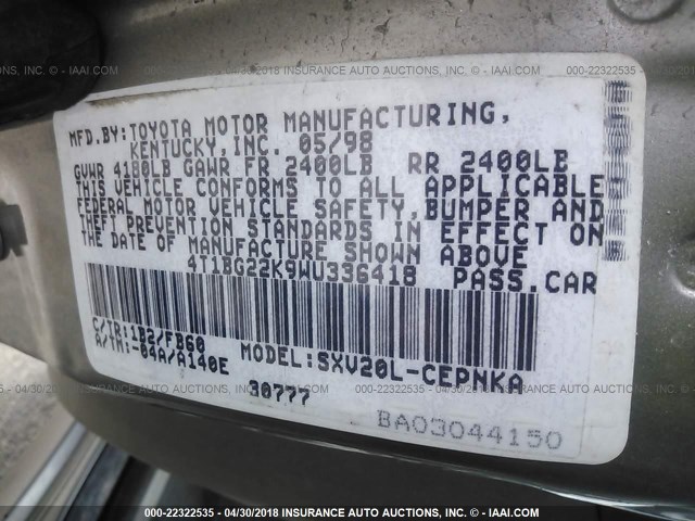 4T1BG22K9WU336418 - 1998 TOYOTA CAMRY CE/LE/XLE GRAY photo 9