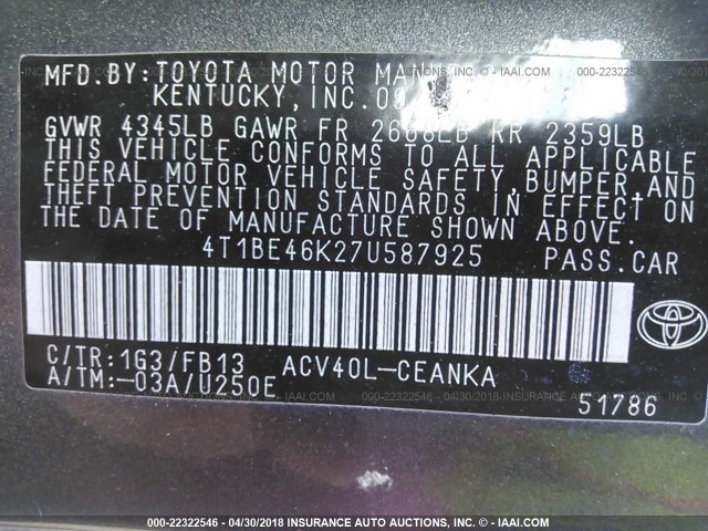 4T1BE46K27U587925 - 2007 TOYOTA CAMRY NEW GENERAT CE/LE/XLE/SE GRAY photo 9