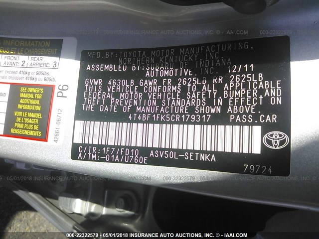 4T4BF1FK5CR179317 - 2012 TOYOTA CAMRY SE/LE/XLE ვერცხლისფერი ფოტო 9