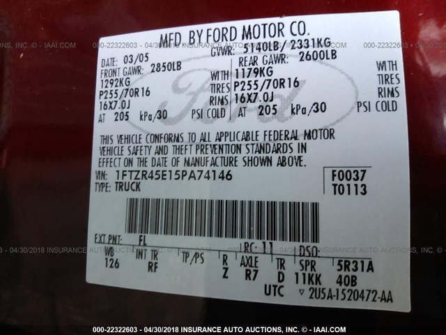 1FTZR45E15PA74146 - 2005 FORD RANGER SUPER CAB RED photo 9